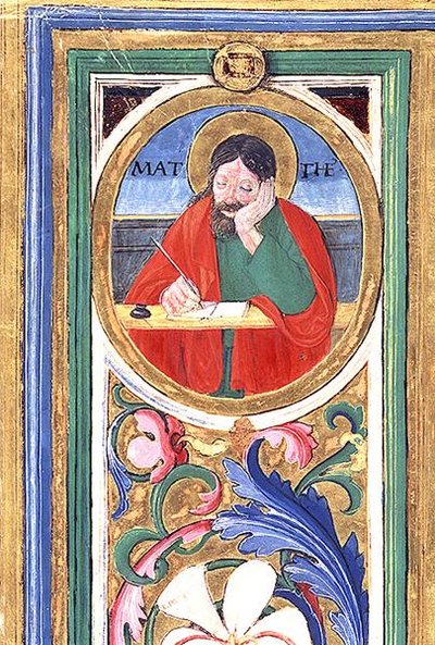 Ms 542 f.3v St. Matteus skriver det første evangeliet fra en psalter skrevet av Don Appiano fra kirken Badia Fiorentina, Firenze av or di Giovanni Monte del Fora