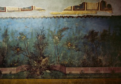 Fresco som viser en hage med trær og fugler, fra House of Livia på Palatine-høyden, Roma, Italia. romersk sivilisasjon av Unbekannt Unbekannt