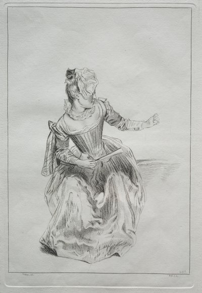 Kvinne som holder en vifte av possibly by Benoit II Audran
