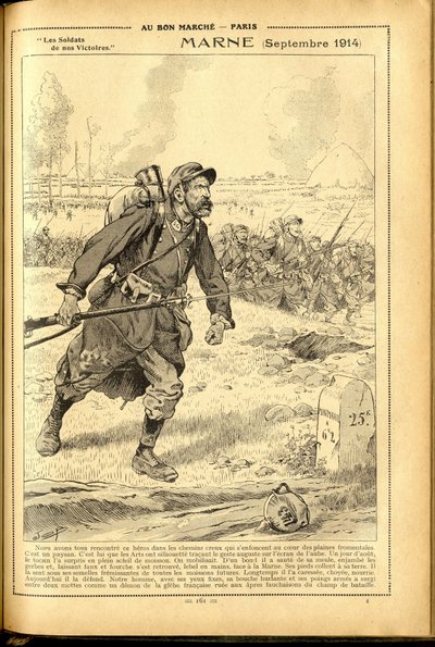 Dagbok Buvard du Bon Marche 1917 - Illustrasjon av Job (Jacques Marie (Jacques-Marie) Gaston Onfray og Breville) (1858-1931): Marne september 1914 - 14. -18. krig, Marne, store slag, slaget ved Marne - soldater av pseudonym for Onfray de Breville Jacques Job