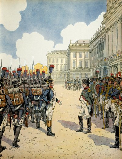Ved Schoebrunn gjennomgikk Napoleon I Bonaparte (1769-1821) troppene før slaget ved Wagram 5. og 6. juli av pseudonym for Onfray de Breville Jacques Job