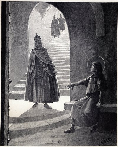 Vær en kristen, jeg vil gjøre deg til ridder. Ordene til Ludvig IX sa Saint Louis (1214-1270) til en bokhvetehøvding som gikk inn i fengselet for å gjøre seg selv til ridder. Illustrasjon av Job (Jacques Marie Gaston Onfray og Breville) (Jacques-Marie) (18 av pseudonym for Onfray de Breville Jacques Job
