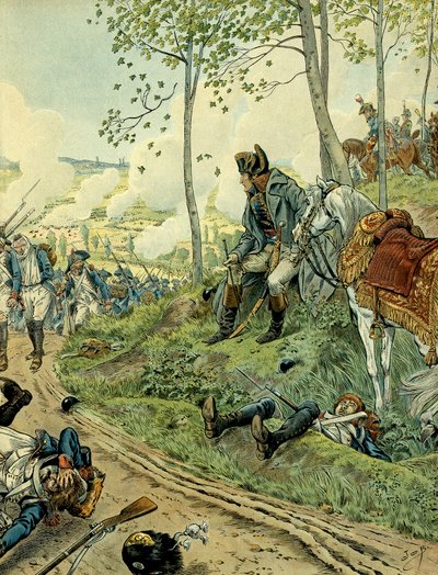 Italias kampanje (1799-1800): Napoleon I Bonaparte (1769-1821) i slaget ved Marengo 14. juni 1800 i Piemont (Italia), mot de Napoleonske og østerrikske armeene. Illustrasjon av Jacques Marie Gaston Onfray de Breville dit JOB (1858-1931). Privat C av pseudonym for Onfray de Breville Jacques Job