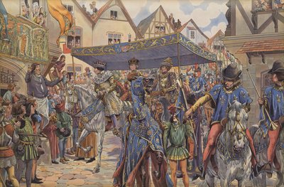 Folkemengder på gatene i Paris hilser Louis XI når han ankommer fra Burgund for å gjøre krav på kongedømmet sitt etter faren Charles VIIs død (farge litho) av pseudonym for Onfray de Breville Jacques Job