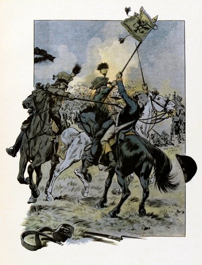 Dødsfallet til Theophile Malo Corret de La Tour (eller Latour) fra Auvergne (1743-1800) ble drept 28. juni 1800, i en alder av 57 år, i slaget ved Oberhausen av et spyd gitt av en østerriksk uhlan - Illustrasjon av Job ( Ja av pseudonym for Onfray de Breville Jacques Job