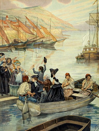 Dro fra Ajaccio på Korsika 15. desember 1778; Charles Bonaparte (1746-1785) seilte til Marseille sammen med sønnene Joseph Bonaparte (1768-1844) og Napoleon I Bonaparte (1769-1821) og svogeren Joseph Fesch (1763-1839) for å dra til Versailles. Il av pseudonym for Onfray de Breville Jacques Job