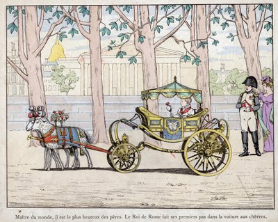 Emperor Napoleon I Bonaparte (1769-1821) with his son Prince Napoleon Francois Charles Joseph Bonaparte, who became the king of Rome Napoleon II also later called the Aiglon - Napoleon watching the King of Italy (Napoleon II) taking his first steps in a ca av pseudonym for Onfray de Breville Jacques Job