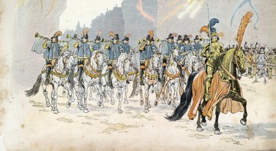 Entrée of King Charles VI (1368-1422) in Paris accompanies thirty trumpets. in “” France, his story told by G. Montorgueil, imagee by Job””” 1896. Private collection. av pseudonym for Onfray de Breville Jacques Job
