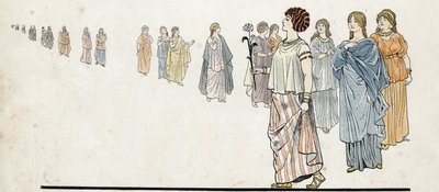 Femmes des “” free men”” (free citizens) wearing their dresses stapled on the shoulder and heavy jewels on the arms. in “” France, his story told by G. Montorgueil, imagee by Job””” 1896. Private collection. av pseudonym for Onfray de Breville Jacques Job
