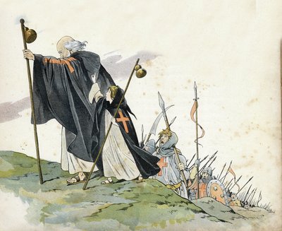 Første korstog: Eremitten Peter (1050-1115) leder korstoget til ropet om "Gud vil det!" . Han har på seg frakk, slår med et kors og holder en pelerinhumle. En liten jente som symboliserer Frankrike følger henne. i "" Frankrike, historien hennes fortalt av  av pseudonym for Onfray de Breville Jacques Job