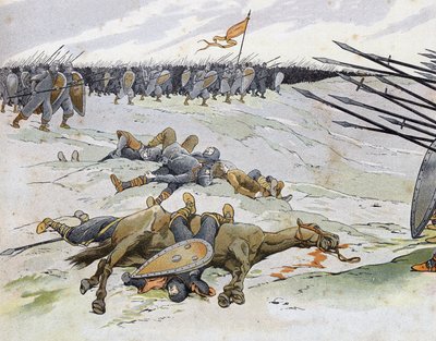 Franco-English War (1202-1214): soldiers who died at the Battle of Bouvines on 27/07/1214 which opposed the French army of Philippe Auguste to the Flemish and Welfs of Othon IV. in “France, its story told by G. Montorgueil, imagee by Job”” 1896. Private co av pseudonym for Onfray de Breville Jacques Job