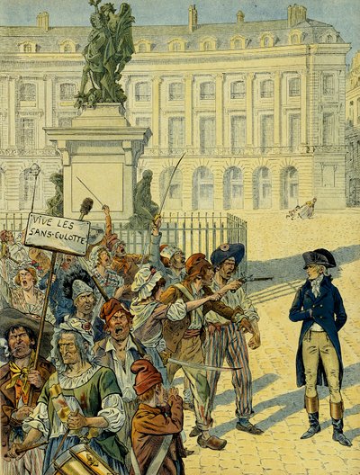 Fransk revolusjon 1789: Napoleon I Bonaparte (1769-1821) truet av trusene (uten truser) 10. august 1792 nær Statuen av Ludvig XIV (1638-1715) av Desjardins før den ble styrtet, Place des Paris Victoires i Paris. . Illustrasjon av pseudonym for Onfray de Breville Jacques Job