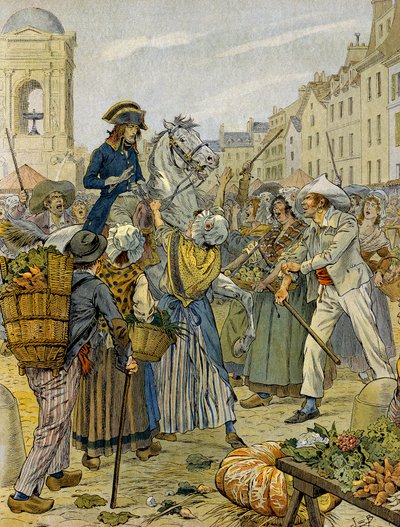 Fransk revolusjon 1789: Napoleon I Bonaparte (1769-1821) tok parti av den revolusjonære befolkningen og uten truser (uten truser) i Les Halles. Illustrasjon av Jacques Marie Gaston Onfray de Breville dit JOB (1858-1931). Privat samling av pseudonym for Onfray de Breville Jacques Job