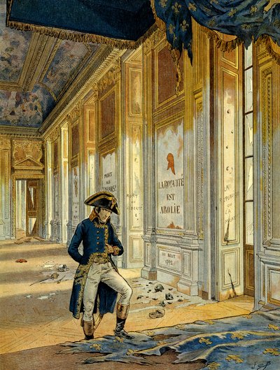 Fransk revolusjon av 1789: Napoleon I Bonaparte (1769-1821) i tronsalen ved Tuileries-palasset etter passasjen av revolusjonære som ransaket stedet. På veggen står det: "Riket er opphevet." Illustrasjon av Jacques Marie Gaston Onfray av pseudonym for Onfray de Breville Jacques Job