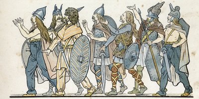 Gallic warriors with their helmets, swords and shields. in “” France, his story told by G. Montorgueil, imagee by Job”” 1896. Private collection. av pseudonym for Onfray de Breville Jacques Job