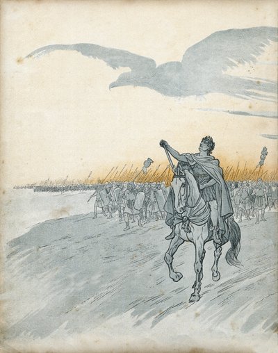 Gaul War: Gaius Julius Caesar (then Jules cesar) (100-44 BC) and his army invade Gaul. The shadow of an eagle, symbol of the Roman Empire, appears in the sky. in “France, his story told by G. Montorgueil, imaged by Job”” 1896. Private collection. av pseudonym for Onfray de Breville Jacques Job
