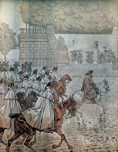 Tysk felttog i 1813: Napoleon I Bonaparte (1769-1821) og hans generalstab (stab) returnerte til Dresden etter å ha vunnet slaget 26. og 27. august. I "" Napoleon"" av Georges Montorgueil. Illustrasjon av Jacques Marie Gaston Onfray de Breville dit J av pseudonym for Onfray de Breville Jacques Job