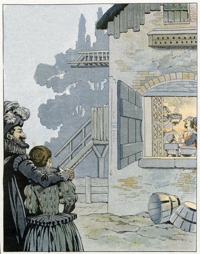 Henrik IV (1553-1610) og kyllingen ved kjelen: Kongen observerer måltidet til en bondefamilie og ønsker å forbedre levekårene deres takket være kyllingen ved kjelen. i "Frankrike, hans historie fortalt av G. Montorgueil, avbildet av Job"" 1896. Privat c av pseudonym for Onfray de Breville Jacques Job