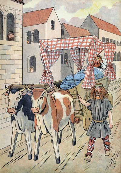 History of France. Scene depicting lazy kings in toys: King of France Thierry III (673-691) carries in a tank with a bed pulled by oxen. In “” Joujoux a l