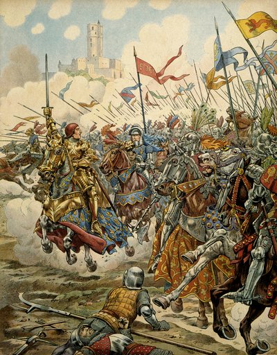 Frankrikes historie i middelalderen (middelalderen): Kong Ludvig XI kalte den forstandige (1423-1483) i spissen for sin hær under slaget ved Montlery mot Ligue du Bien Public, 16. juli av pseudonym for Onfray de Breville Jacques Job