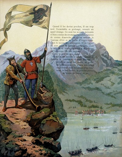 Frankrikes historie i middelalderen: troppene til Charles the Temeraire (1433-1477), hertugen av Burgund, kommer inn i Vaud i Sveits. Illustrasjon av Jacques Marie Gaston Onfray de Breville dit JOB (1858-1931) av pseudonym for Onfray de Breville Jacques Job