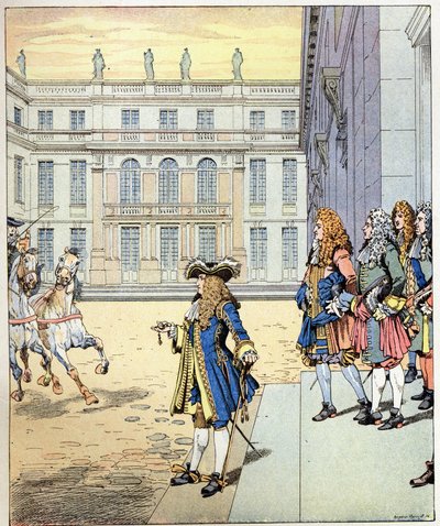 I almost waited! the words of the king of France Louis XIV said King Soleil (1638-1715) spoken in front of the castle of Versailles as his carosses arrived at the precise time. Illustration of Job (Jacques Marie Gaston Onfray and Breville) (Jacques-Marie)  av pseudonym for Onfray de Breville Jacques Job