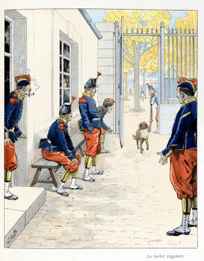 Illustrasjon hentet fra boken «A la gloire des betes»»-tekst av A Fabre, tegninger av Jacques Marie Gaston Onfray de Breville dit JOB (1858-1931), utgiver Maison Alfred Mame et fils: The Barbet Dagobert (i en brakke i Paris) ), Samling Delvis av pseudonym for Onfray de Breville Jacques Job