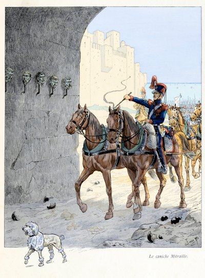 Illustrasjon fra boken «A la gloire des betes»» tekst av A Fabre, tegninger av Jacques Marie Gaston Onfray de Breville dit JOB (1858-1931), forlag Maison Alfred Mame et fils: Mitraillepuddelen (enkel puddel i 2. artilleri) regiment, han var th av pseudonym for Onfray de Breville Jacques Job
