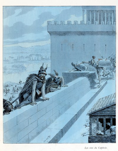 Illustrasjon fra boken "A la Glory des Betes"" tekst av A Fabre, tegninger av Jacques Marie Gaston Onfray de Breville dit JOB (1858-1931), redaktør Maison Alfred Mame et fils: Les goies du Capitole (890 f.Kr.), les Gallernes beleiring av Roma, delvis samli av pseudonym for Onfray de Breville Jacques Job