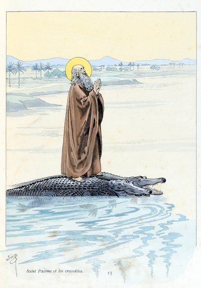 Illustrasjon fra boken "A la Glory des Betes"" tekst av A Fabre, tegninger av Jacques Marie Gaston Onfray de Breville dit JOB (1858-1931), redaktør Maison Alfred Mame et fils: Saint Pacome (abbe 292-348) og Krokodiller, privat samling av pseudonym for Onfray de Breville Jacques Job