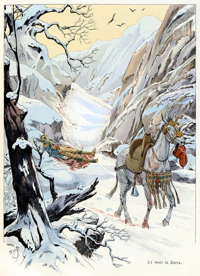 Illustrasjon fra boken «A la gloire des betes»» tekst av A Fabre, tegninger av Jacques Marie Gaston Onfray de Breville dit JOB (1858-1931), forlegger Maison Alfred Mame og sønn: La muldyr 