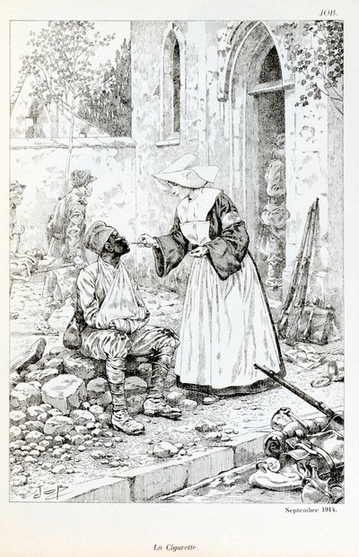 Illustrasjon fra boken "La Grande Guerre par les artistes"": "" La cigarette Septembre 1914""" religiøse som gir en sigarett til en såret soldat av Jacques Marie Gaston Onfray de Breville dit JOB (1858-1931), Delsamling av pseudonym for Onfray de Breville Jacques Job