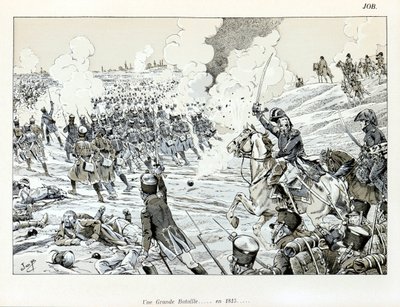 Illustrasjon fra boken «The Great War by artists»: A great battle in 1815 av Jacques Marie Gaston Onfray de Breville dit JOB (1858-1931), Delsamling av pseudonym for Onfray de Breville Jacques Job