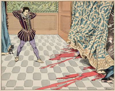 Illustrasjon fra boken “Le bon roy Henri”, illustrert av Jacques Marie Gaston Onfray de Breville dit JOB (1858-1931): På dagen for Saint Barthelemy er hans to venner, Segur og La Rochefoucauld egorges foran øynene hans - Privat samling av pseudonym for Onfray de Breville Jacques Job