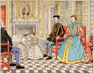 Illustrasjon fra boken "Le bon roy Henri", illustrert av Jacques Marie Gaston Onfray de Breville dit JOB (1858-1931): Antoine de Bourbon tok ham med til Paris og presenterte ham for sin fetter Henri II, som rakte ham hånden til sin datter Marguerite de av pseudonym for Onfray de Breville Jacques Job