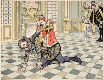Illustrasjon fra boken “Le bon roy Henri”, illustrert av Jacques Marie Gaston Onfray de Breville dit JOB (1858-1931): Foran den spanske ambassadøren leker Henri IV med barna sine - Privat samling av pseudonym for Onfray de Breville Jacques Job