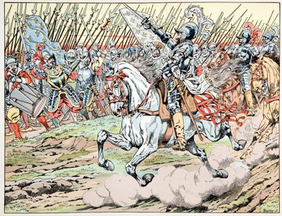 Illustrasjon hentet fra boken “” Le bon roy Henri””, illustrert av Jacques Marie Gaston Onfray de Breville dit JOB (1858-1931): Henri IV før hans hær: Følg mon plume blanc - Privat samling av pseudonym for Onfray de Breville Jacques Job
