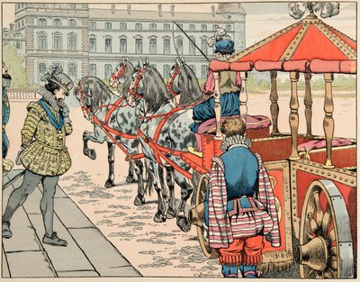 Illustrasjon hentet fra boken “” Le bon roy Henri””, illustrert av Jacques Marie Gaston Onfray de Breville dit JOB (1858-1931): Den 14. mai 1610 appellerer Henri IV til å sitte i sin utildekkede vogn – Privat samling av pseudonym for Onfray de Breville Jacques Job