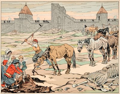 Illustrasjon hentet fra boken “” Le bon roy Henri””, illustrert av Jacques Marie Gaston Onfray de Breville dit JOB (1858-1931): sultne parisere slakter hestene deres - Privat samling av pseudonym for Onfray de Breville Jacques Job