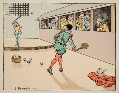 Illustrasjon hentet fra boken “Le bon roy Henri””, illustrert av Jacques Marie Gaston Onfray de Breville dit JOB (1858-1931): Education in the 16th century: game of palm - Privat samling av pseudonym for Onfray de Breville Jacques Job