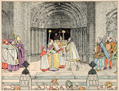 Illustrasjon hentet fra boken "Le bon roy Henri", illustrert av Jacques Marie Gaston Onfray de Breville dit JOB (1858-1931): Henri IV, Basilica Saint Denis avsier sin religion og konverterer - Privat samling av pseudonym for Onfray de Breville Jacques Job
