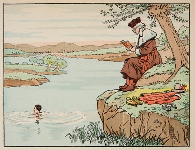 Illustrasjon hentet fra boken «Le bon roy Henri», illustrert av Jacques Marie Gaston Onfray de Breville dit JOB (1858-1931): Utdanning på 1500-tallet: svømming - Privat samling av pseudonym for Onfray de Breville Jacques Job