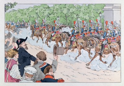 Jacques Marie Gaston Onfray de Breville var JOB (1858 - 1931); Illustrasjon fra boken «Les epees de France»: Eskorte av keiser Napoleon 3 på Champs Elysees; Coll, del av pseudonym for Onfray de Breville Jacques Job