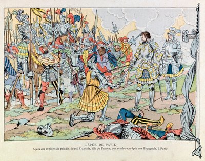 Jacques Marie Gaston Onfray de Breville var JOB (1858 - 1931); Illustrasjon fra boken "" Les epees de France"": Kong Francois 1. returnerer sverdet sitt til spanjolene etter nederlaget til Pavia 24. februar av pseudonym for Onfray de Breville Jacques Job