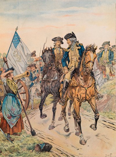Jacques Marie Gaston Onfroy de Breville dit JOB (1858-1931) - George Washington passerte Molly Pitcher under slaget ved Monmouth 28. juni 1778 under uavhengighetskrigen, privat samling av pseudonym for Onfray de Breville Jacques Job