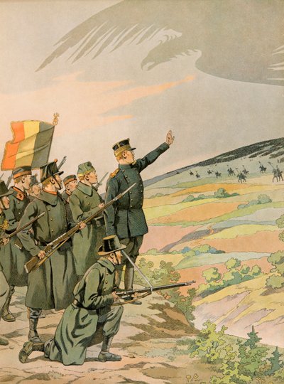 Jacques Marie Gaston Onfroy de Breville dit JOB (1858-1931) - Belgias historie: Kong Albert (1875 - 1934) og den belgiske hæren står overfor den tyske invasjonen under første verdenskrig, privat samling av pseudonym for Onfray de Breville Jacques Job