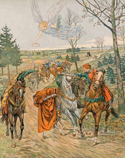 Jacques Marie Gaston Onfroy de Breville dit JOB (1858-1931) - Belgias historie: Saint Albert av Leuven (ca. 1166-1192), prinsen av Liege blir myrdet i Reims av shekarene til keiser Henrik VI i 1192, privat samling av pseudonym for Onfray de Breville Jacques Job