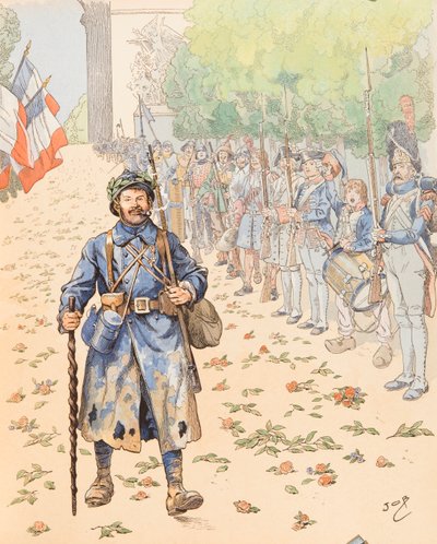 Jacques Marie Gaston Onfroy de Breville dit JOB (1858-1931) - Le triumphe du poilu (allegori om det franske militæret som hyller de hårete), Collection privee av pseudonym for Onfray de Breville Jacques Job