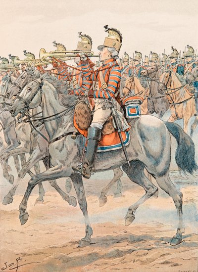 Jacques Marie Gaston Onfroy de Breville DIT Job (1858-1931) - Antrekk av de franske troppene til enhver tid: Trumpet of the Orleans Regiment - Dragons (1781), privat samling av pseudonym for Onfray de Breville Jacques Job