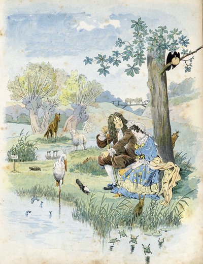 Jean de La Fontaine (Lafontaine) (1621-1695) snakker med en ung jente. Rundt dem finnes dyr i dikterens fabler: ulv, lam, stork, skilpadde, rotte, frosk, hare, rev, ravn ... i "" Frankrike, historien hans fortalt av G. Montorgueil, imagee av Job" ” 1896. P av pseudonym for Onfray de Breville Jacques Job